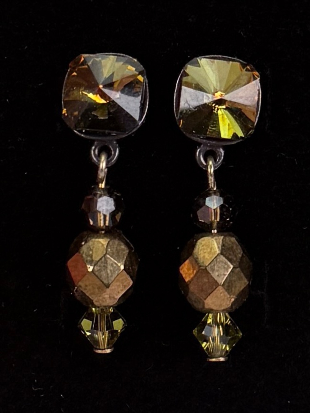Vintage Olive Green Brown Faceted Bead Dangle Pierced Earrings